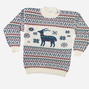 Vintage Fair Isles Cottagecore Reindeer Hand Embroidered Sweater Grandpacore Med